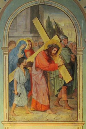 Jezus draagt Zijn kruis naar de Calvarieberg