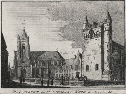 St. Nicolaaskerk (links) op Onze-Lieve-Vrouweplein te Maastricht kort voor de afbraak in 1837.